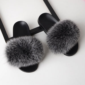 SARSALLYA Fur Slippers Women Real Fox Fur Slides Home Furry Flat Sandals Female Cute Fluffy House Shoes Woman Brand Luxury 2020